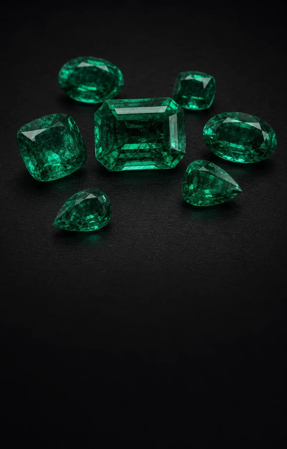 A selection of loose emeralds in oval, cushion, pear, and emerald cuts
