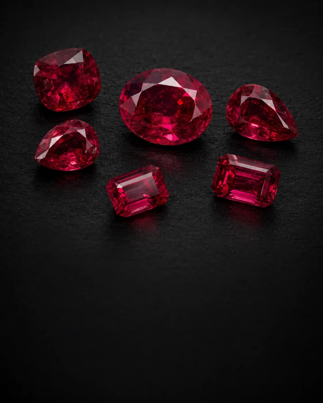 A selection of loose rubies in oval, cushion, pear, and emerald cuts