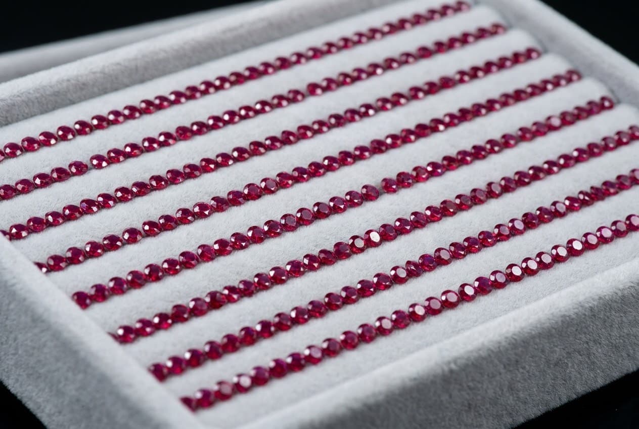 Ruby melee arranged for close inspection and assortment