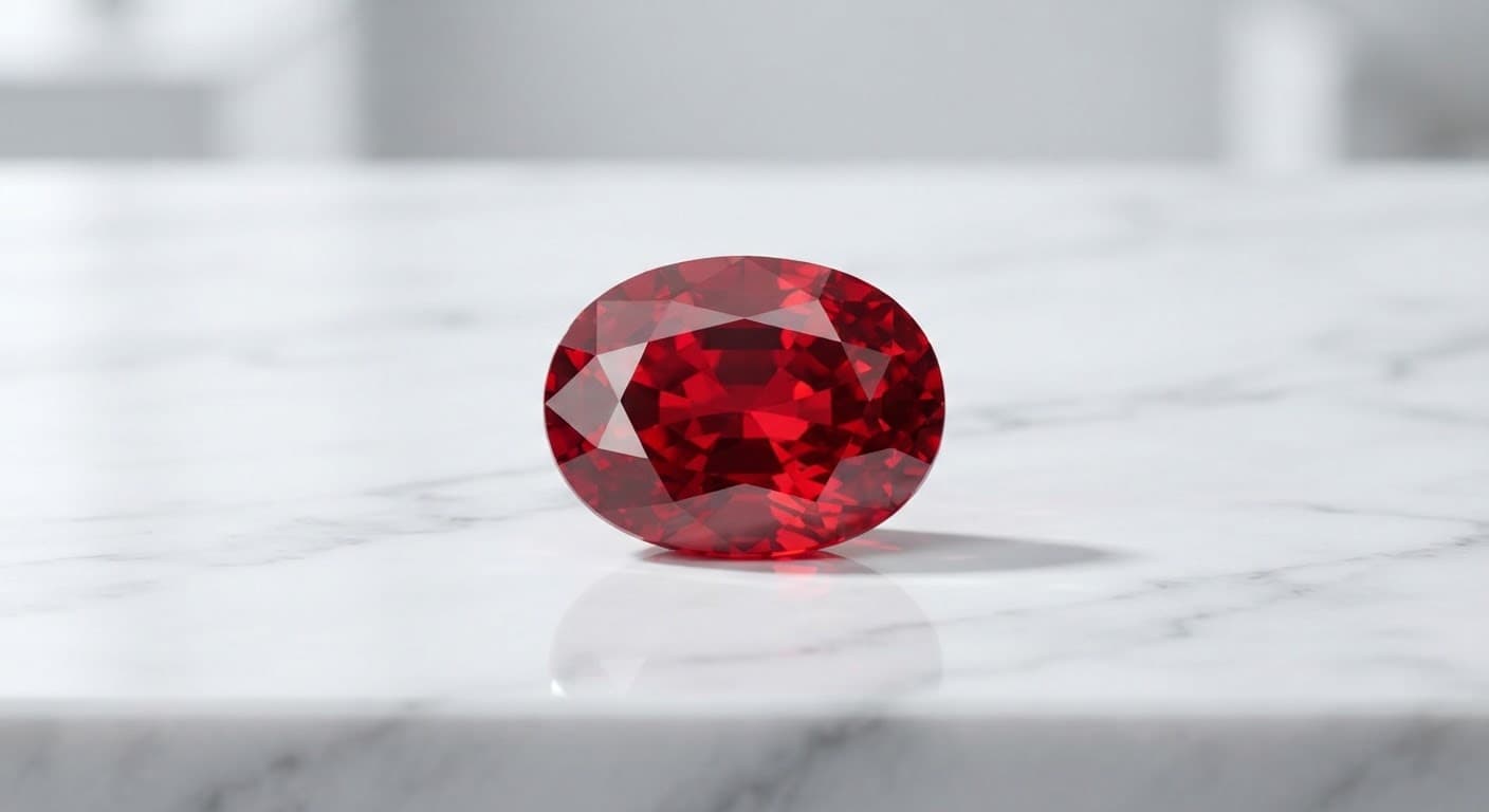 A faceted ruby displayed against a restrained studio background