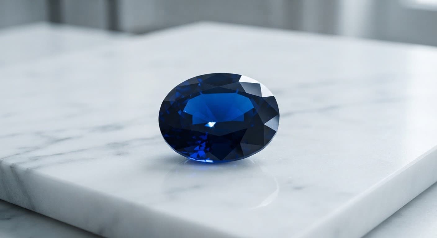A royal blue sapphire displayed in a minimal studio setting