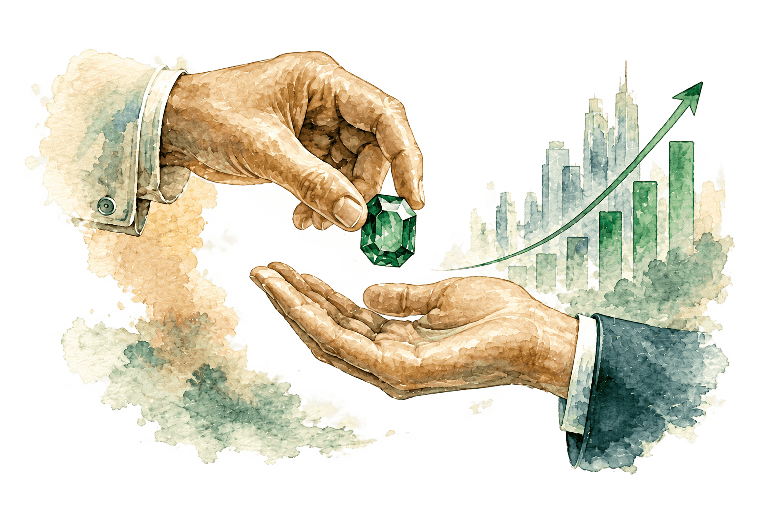 Illustration of an emerald passed between hands with a city skyline and rising arrow