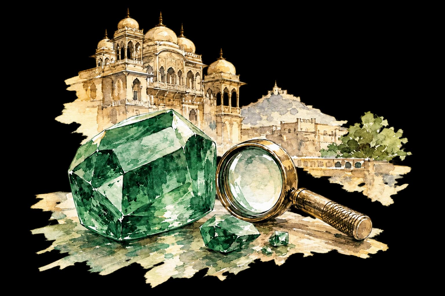 Green emerald and magnifying glass before a Jaipur palace illustration