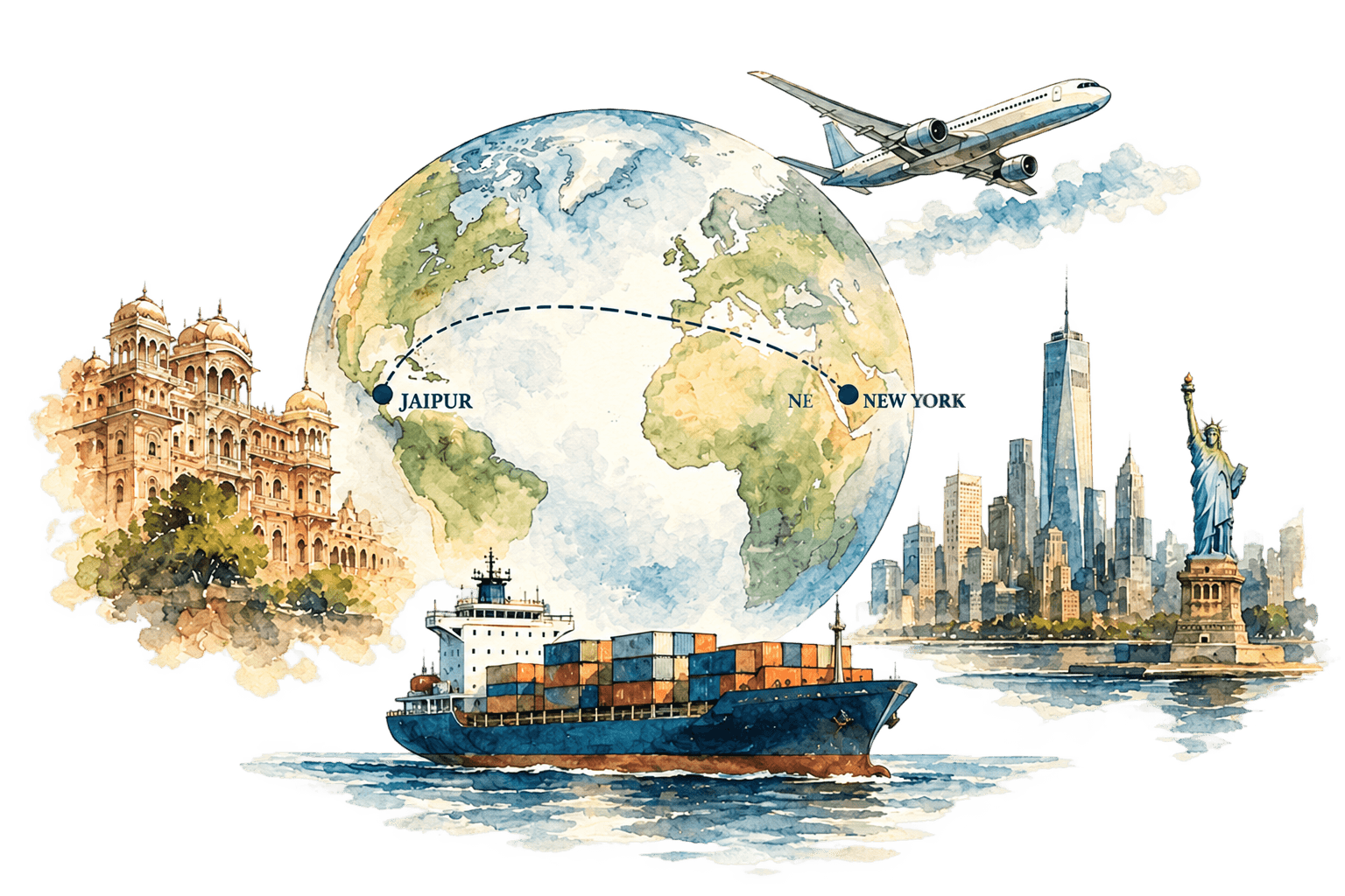 Illustration of Jaipur and New York connected by air and sea routes