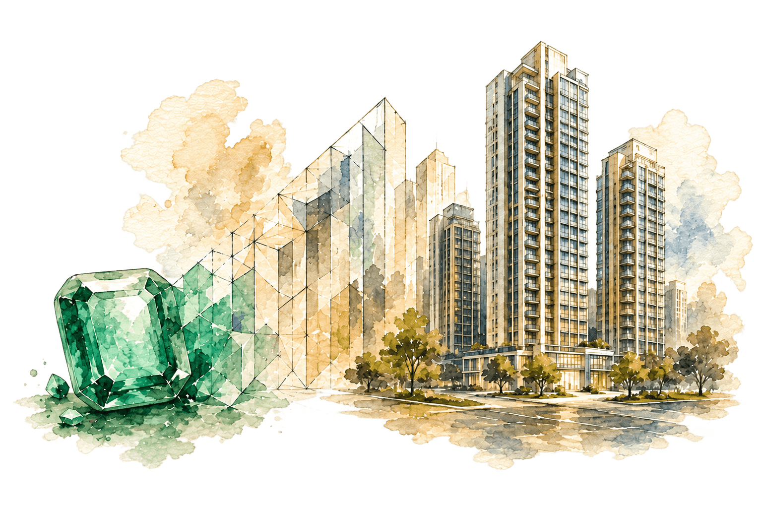 Illustration of emeralds beside high-rise buildings in Jaipur
