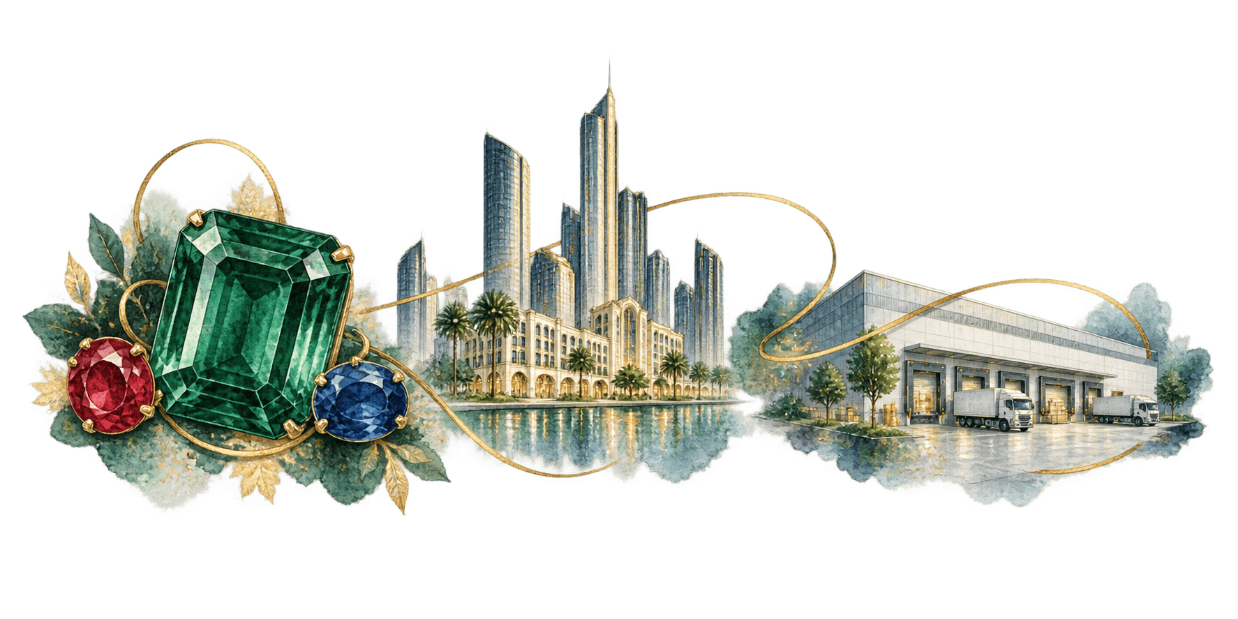 Emerald, ruby, and sapphire connected with city architecture and a logistics warehouse